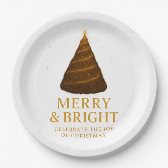 Plato De Papel Merry & Bright Gold Christmas Paper Dinner Plates (Anverso)