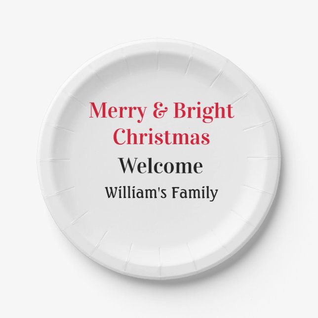 Plato De Papel Merry Bright Navidades agregan nombre de familia a (Anverso)