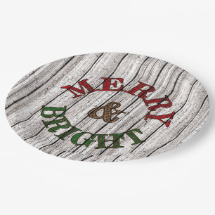 Plato De Papel Merry & Bright On Weathered Wooden Planks Pattern