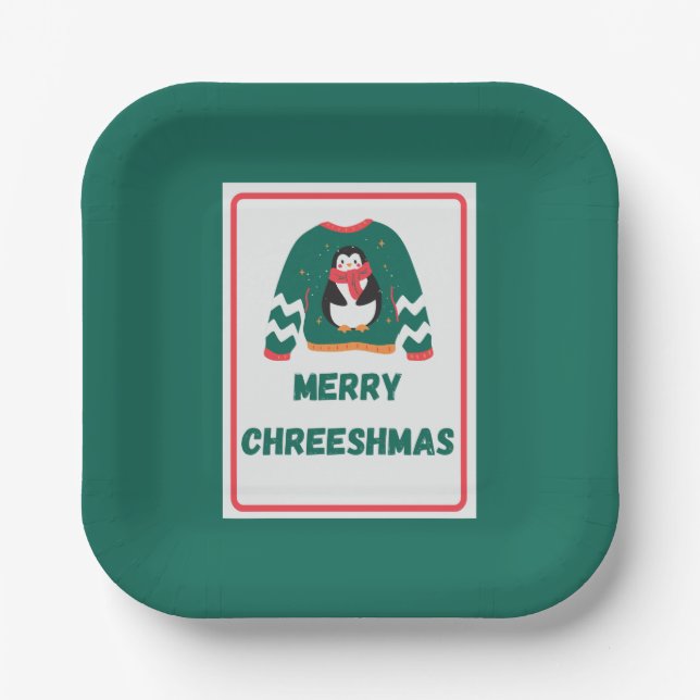 Plato De Papel Merry Chreeshmas Penguin Sweater (Anverso)
