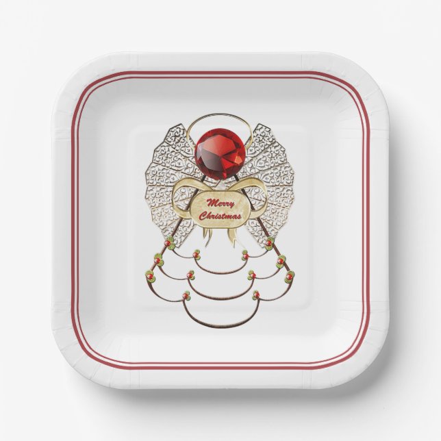 Plato De Papel Merry Christmas Angel Red/Gold Filigree (Anverso)