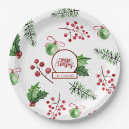 Plato De Papel Merry Christmas Balls Holly Berries Pine Monograma