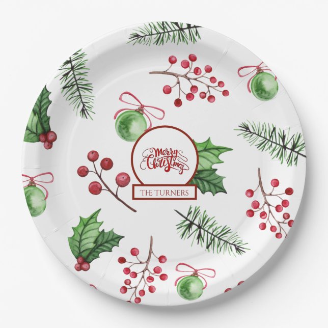 Plato De Papel Merry Christmas Balls Holly Berries Pine Monograma (Anverso)