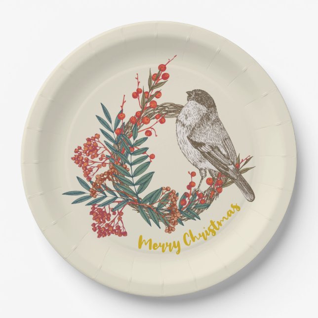 Plato De Papel Merry Christmas Bird Wreath (Anverso)