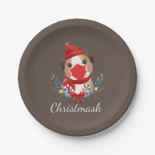Plato De Papel Merry Christmas Dog Lover Bulldog con máscara