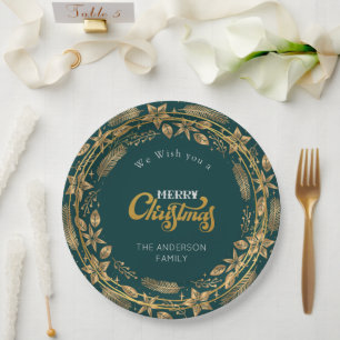 Plato De Papel Merry Christmas Elegant Gold Arch Green Paper Plat