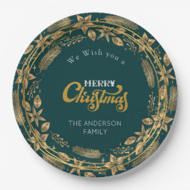 Plato De Papel Merry Christmas Elegant Gold Arch Green Paper Plat