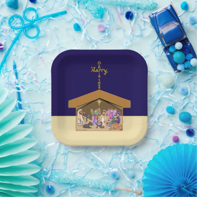 Plato De Papel Merry Christmas Fabric Font Cross Over Nativity (Fiesta)