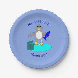 Plato De Papel Merry Christmas Fishing Penguin Paper Fiesta Placa