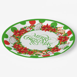 Plato De Papel Merry Christmas Floral Wreath Paper Placa