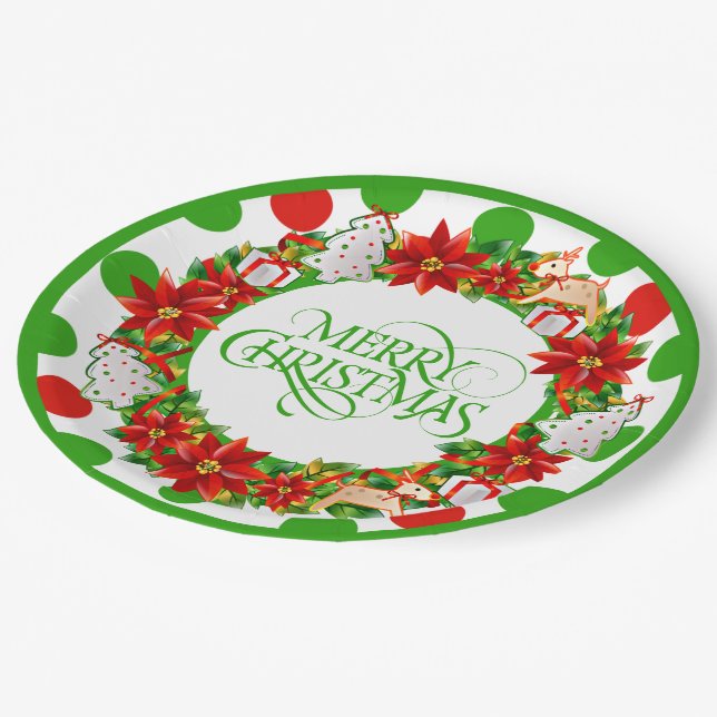 Plato De Papel Merry Christmas Floral Wreath Paper Placa (Angular)