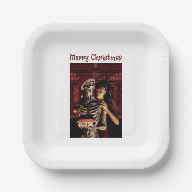 Plato De Papel Merry Christmas. Funny skeleton with woman (Anverso)