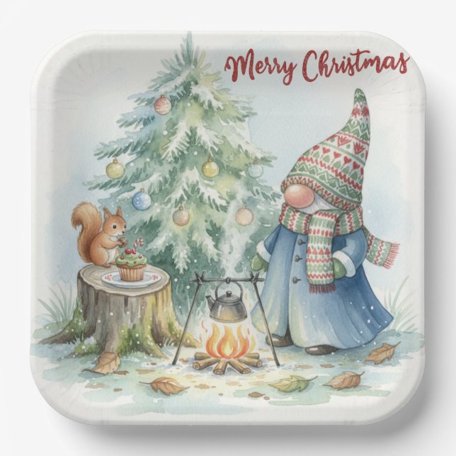 Plato De Papel Merry Christmas Gnome and the Christmas Tree  (Anverso)