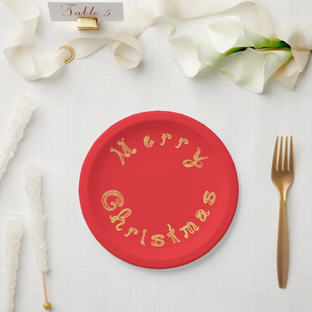 Plato De Papel Merry Christmas Gold Fabric Font Red (Boda)