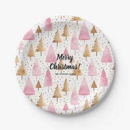 Plato De Papel Merry Christmas Gold Pink Tree