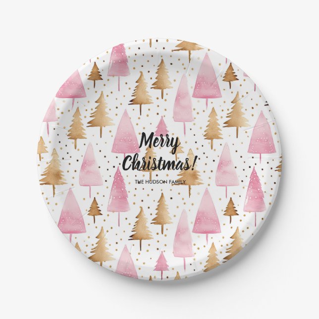 Plato De Papel Merry Christmas Gold Pink Tree (Anverso)