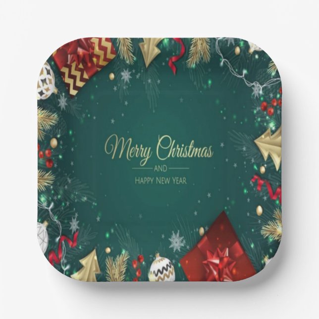Plato De Papel Merry Christmas & Happy New Year (Anverso)