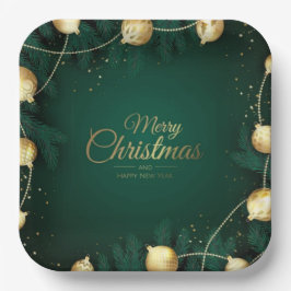 Plato De Papel Merry Christmas Happy New Year green