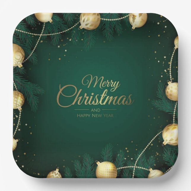 Plato De Papel Merry Christmas Happy New Year green (Anverso)