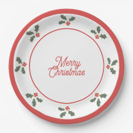 Plato De Papel Merry Christmas Holly Plate Red and White