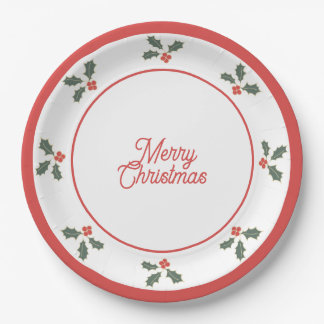 Plato De Papel Merry Christmas Holly Plate Red and White