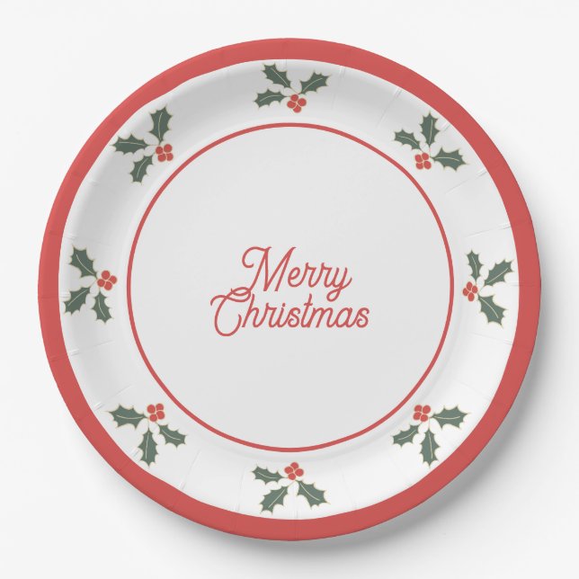 Plato De Papel Merry Christmas Holly Plate Red and White (Anverso)