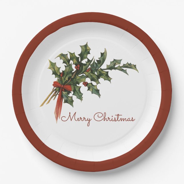 Plato De Papel Merry Christmas Holly Plates (Anverso)