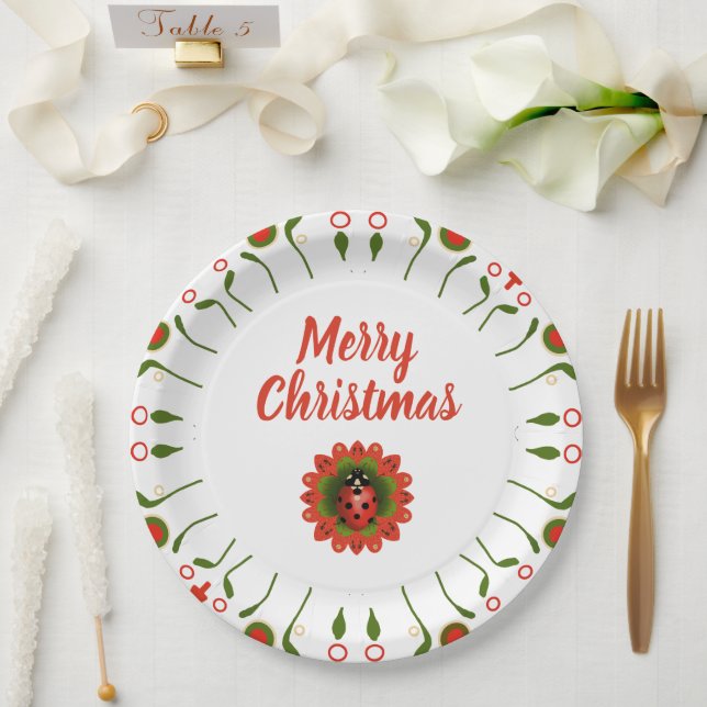 Plato De Papel Merry Christmas Ladybug Red White Green Party (Boda)