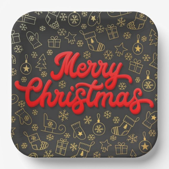 Plato De Papel Merry christmas lettering elegant holiday  (Anverso)