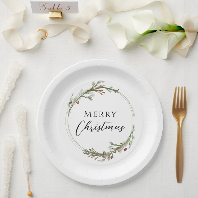 Plato De Papel Merry Christmas Minimalist Wreath White (Boda)