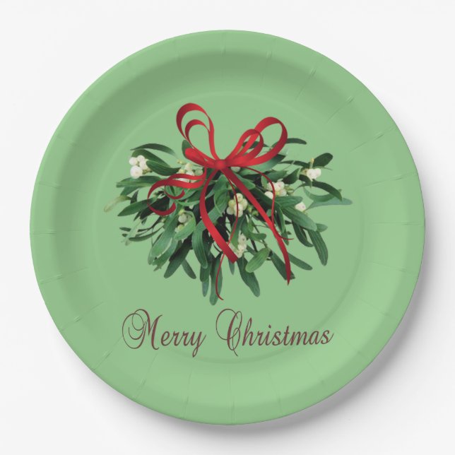 Plato De Papel Merry Christmas Mistletoe Paper Plates (Anverso)