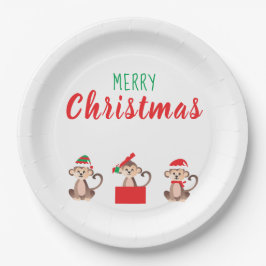 Plato De Papel Merry Christmas Monkeys Navidades Gorras