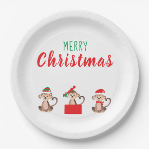 Plato De Papel Merry Christmas Monkeys Navidades Gorras