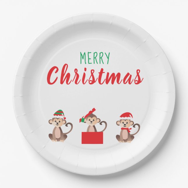Plato De Papel Merry Christmas Monkeys Navidades Gorras (Anverso)
