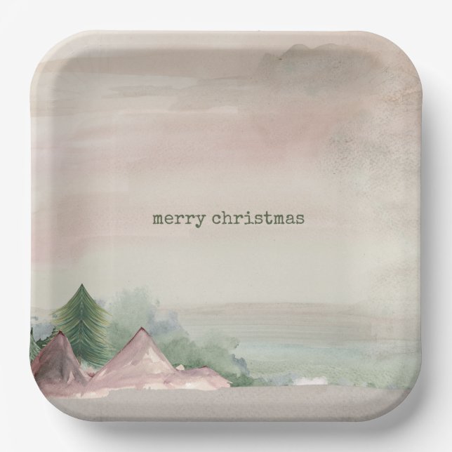 Plato De Papel Merry Christmas Mountain Watercolor (Anverso)
