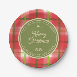 Plato De Papel Merry Christmas Plaid Navidades Fiesta
