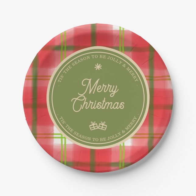 Plato De Papel Merry Christmas Plaid Navidades Fiesta (Anverso)