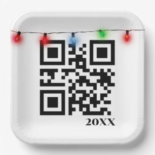 Plato De Papel Merry Christmas QR Code con String Lights