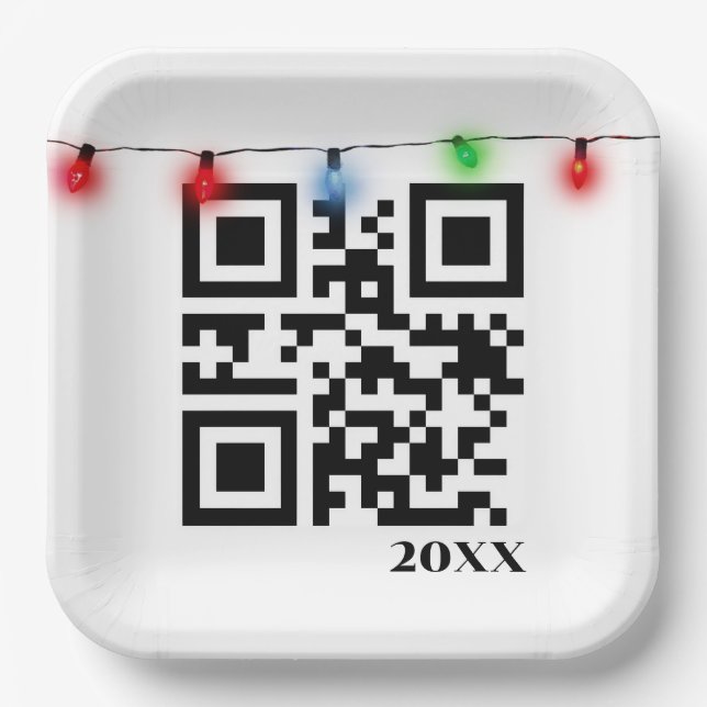 Plato De Papel Merry Christmas QR Code con String Lights (Anverso)