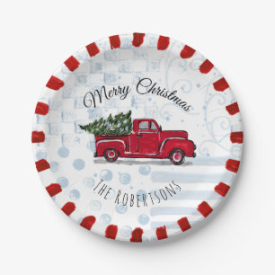 Plato De Papel Merry Christmas Red Antique Truck Paper Plate