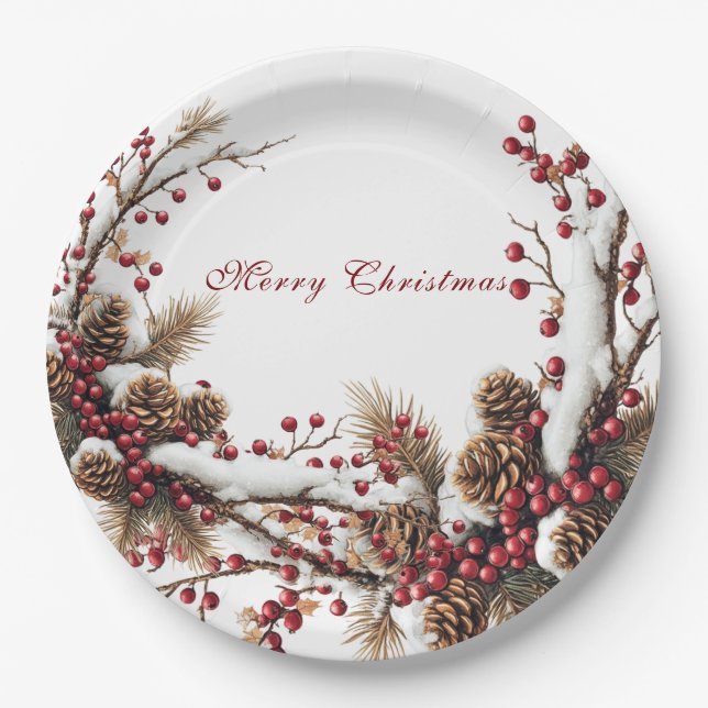 Plato De Papel Merry Christmas Red Berries Pine Cones Snow (Anverso)