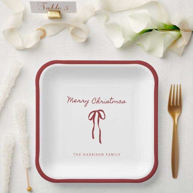 Plato De Papel Merry Christmas Red Bow Holiday Paper Plates (Boda)