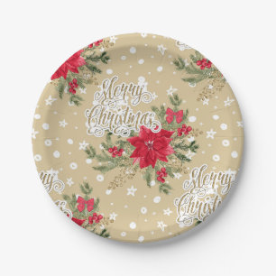 Plato De Papel Merry Christmas Red Poinsettia