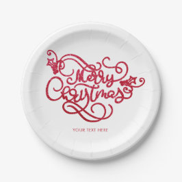 Plato De Papel Merry Christmas Red Purpurina Script Typography