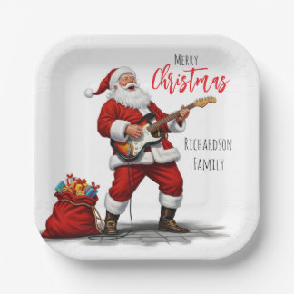 Plato De Papel Merry Christmas Santa Clause Playing Guitar