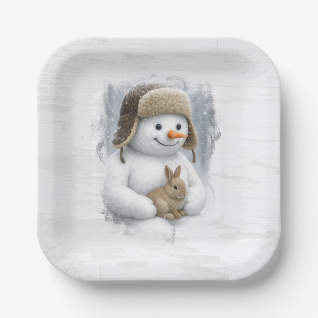 Plato De Papel Merry Christmas Snowman With Bunny (Anverso)