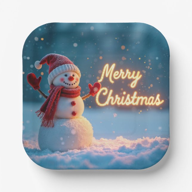 Plato De Papel Merry Christmas Snowman with Neon Sign (Anverso)