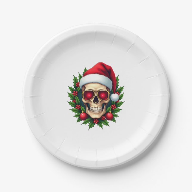Plato De Papel Merry Christmas Sugar Skull Santa Hat Family Xmas  (Anverso)