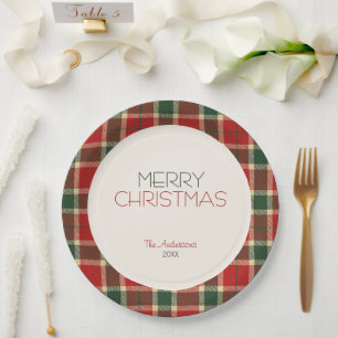 Plato De Papel Merry Christmas Tartan Plaid Personalizado