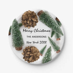 Plato De Papel Merry Christmas Tree Green White Snow Minimal